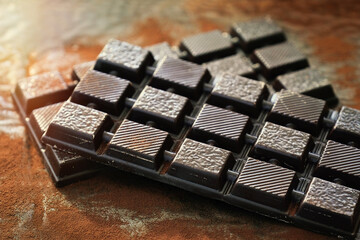 Dark chocolate and brown cocoa powder on the table, closeup. Background with chocolate