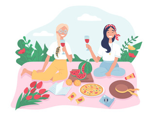 Friends have picnic in park. Girls on summer recreation activities, eating watermelon and pizza outdoors and spending time. 