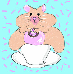 Funny hamster has a doughnut in a mug