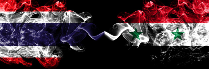Thailand, Thai vs Syria, Syrian smoky mystic flags placed side by side. Thick colored silky abstract smokes flags.