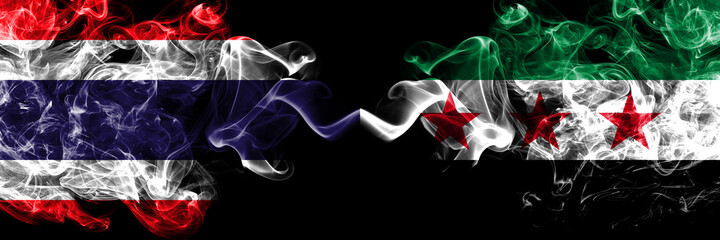 Thailand, Thai vs Syria, Syrian Arab Republic, three stars smoky mystic flags placed side by side. Thick colored silky abstract smokes flags.