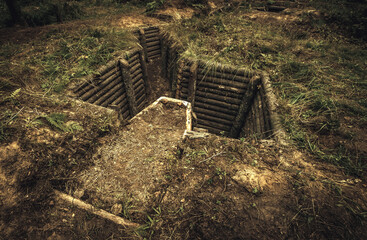 Wooden trench of the Finnish defense during the Great Patriotic War in the forest of the Karelian Isthmus