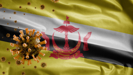3D, Flu coronavirus floating over Bruneian flag. Brunei and pandemic Covid 19