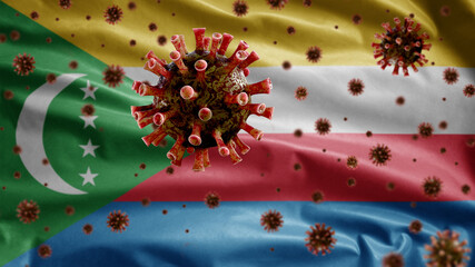 3D, Flu coronavirus floating over Comorian flag. Comoros and pandemic Covid 19