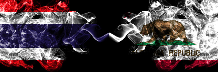 Thailand, Thai vs United States of America, America, US, USA, American, California, Californian smoky mystic flags placed side by side. Thick colored silky abstract smokes flags.