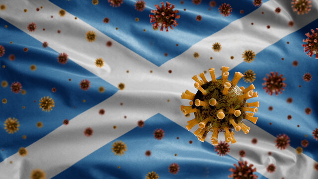 3D, Scottish Flag Waving With Coronavirus Outbreak. Scotland Covid 19