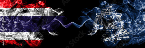 Thailand, Thai vs United States of America, America, US, USA, American, Charleston, South Carolina smoky mystic flags placed side by side. Thick colored silky abstract smokes flags.