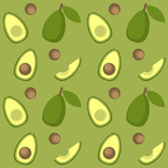Green seamless avocado texture pattern for textile print. Bright diet element halved. Fresh food illustration background.