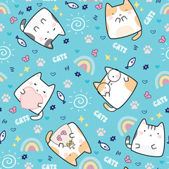 Seamless Pattern Kawaii Cute Cats, Cartoon Animals Background, Vector Illustration