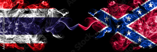 Thailand, Thai vs United States of America, America, US, USA, American, Confederate Navy Jack smoky mystic flags placed side by side. Thick colored silky abstract smokes flags.