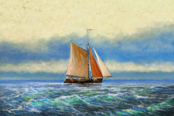 Fototapeta na wymiar Oil paintings sea landscape, fine art, sailing ship in the sea