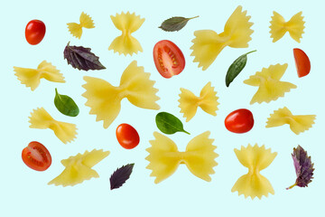 Obraz premium Flying farfalle italian pasta with tomatoes and fresh Basil leaves isolated