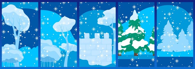 Winter tree background, nature banner, abstract snow, blue scaffold landscape, design, cartoon style vector illustration.