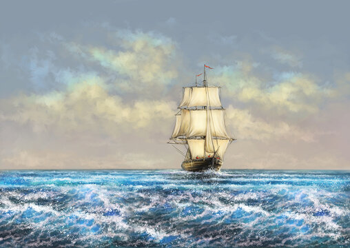 Oil paintings sea landscape, fine art, sailing ship in the sea