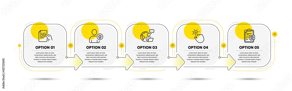 Poster hold document, eye checklist and touchpoint line icons set. timeline process flowchart. user idea si