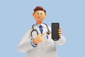 3d render. Doctor cartoon character shows smart phone device with blank screen. Clip art isolated on blue background. Medical application concept - obrazy, fototapety, plakaty