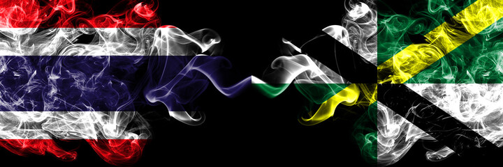 Thailand, Thai vs United States of America, America, US, USA, American, Monterey, California smoky mystic flags placed side by side. Thick colored silky abstract smokes flags.