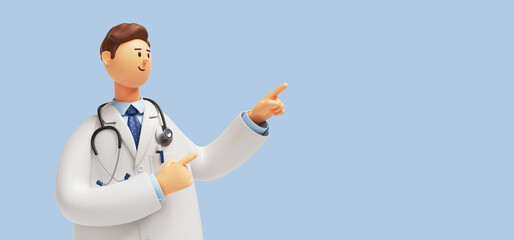Fototapeta 3d render. Doctor cartoon character wearing stethoscope and pointing up. Clip art isolated on blue background. Professional consultation. Medical concept obraz