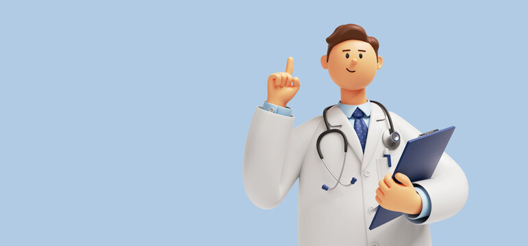 3d render. Doctor cartoon character with stethoscope and clipboard, looks at camera and gives advice. Clip art isolated on blue background. Professional consultation and recommendation
