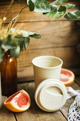 ecological thermo mug. reusable mug. bamboo glass. cup with place for brand