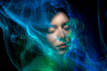 lightpainting portrait, new art direction, long exposure photo without photoshop, light drawing at long exposure