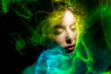 lightpainting portrait, new art direction, long exposure photo without photoshop, light drawing at long exposure