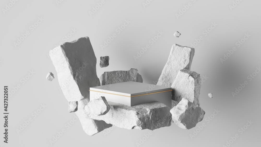 Poster 3d render, abstract background with white cobblestone ruins and broken blocks levitating. modern min
