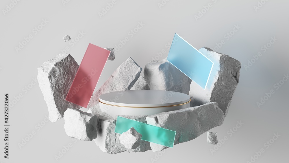 Poster 3d render, abstract background with white cobblestone ruins and colorful glass blocks levitating. mo