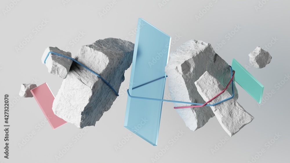 Poster 3d render, abstract background with white cobblestone ruins and glass blocks tied with thread. moder