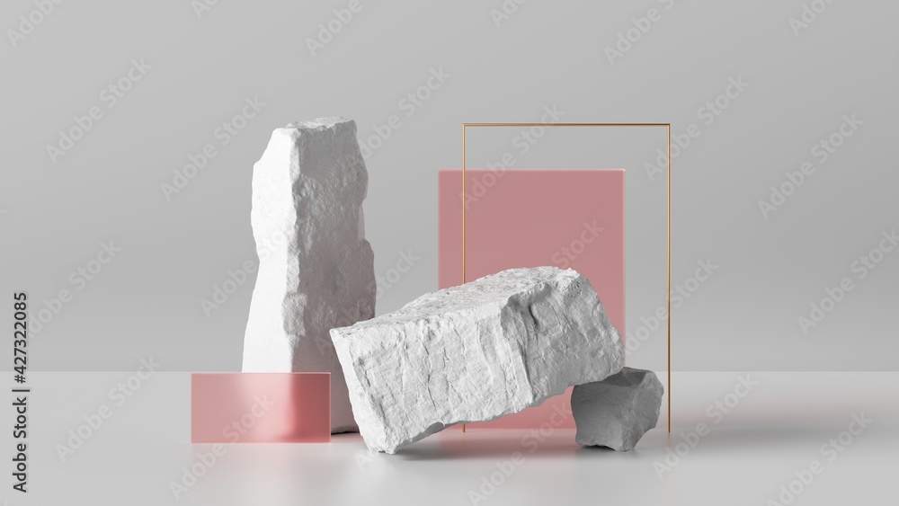 Poster 3d render, abstract background with white cobblestone blocks and pink glass. minimal showcase scene 
