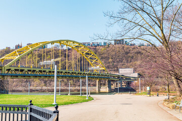 The beautiful Fort Pitt Bridge that takes it through the Fort Pitt Tunnel. This bridge is in the City of Pittsburgh, State of Pennsylvania. This bridge runs along the Monongahela River.