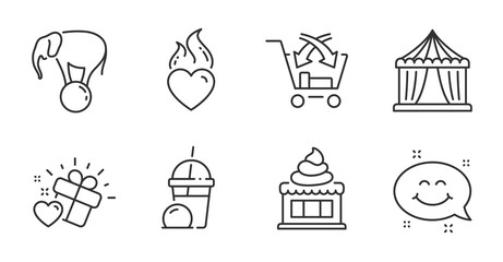Ice cream milkshake, Circus tent and Ice cream line icons set. Elephant on ball, Cross sell and Smile chat signs. Heart flame, Love gift symbols. Sundae milkshake, Attraction park, Sundae. Vector