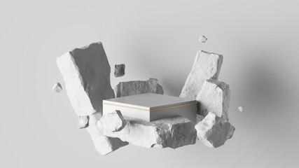 3d render, abstract background with white cobblestone ruins and broken blocks levitating. Modern minimal showcase with empty square podium for product presentation