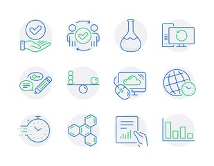 Education icons set. Included icon as Recovery computer, Balance, Approved teamwork signs. Document, Time zone, Approved checkbox symbols. Chemistry lab, Keywords, Cloud computing. Timer. Vector
