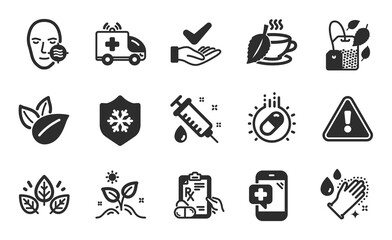 Medical syringe, Problem skin and Capsule pill icons simple set. Organic product, Grow plant and Clean skin signs. Organic tested, Prescription drugs and Washing hands symbols. Flat icons set. Vector