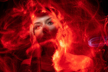 lightpainting portrait, new art direction, long exposure photo without photoshop, light drawing at long exposure