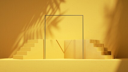 3d render, abstract sunny yellow background with steps, square frame, leaf shadows and bright...