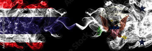 Thailand, Thai vs United States of America, America, US, USA, American, Vice President smoky mystic flags placed side by side. Thick colored silky abstract smokes flags.