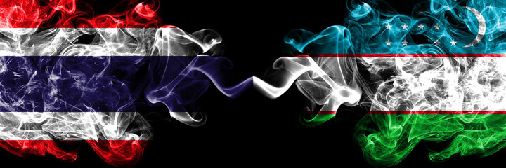 Thailand, Thai vs Uzbekistan smoky mystic flags placed side by side. Thick colored silky abstract smokes flags.
