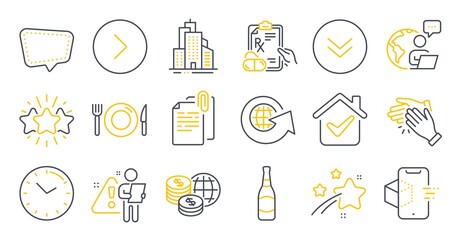 Set of Business icons, such as Augmented reality, Scroll down, World globe symbols. Document attachment, Beer bottle, Skyscraper buildings signs. Food, Chat message, Prescription drugs. Vector
