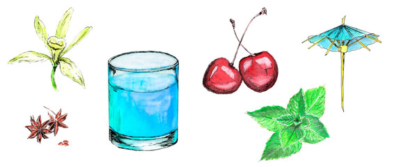 Elements for cocktail, watercolor hand drawn illustration. Cocktails set. Menu design elements, glass, spices, cherry, mint, decor
