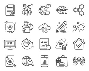 Education icons set. Included icon as Business statistics, Chemical formula, Creativity signs. Cloud sync, Internet search, Share idea symbols. Graph phone, Financial documents, Cogwheel. Vector