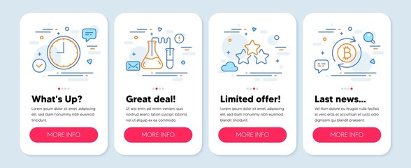 Set of Technology icons, such as Ranking stars, Chemistry lab, Time symbols. Mobile screen banners. Refresh bitcoin line icons. Winner award, Medical laboratory, Office clock. Vector