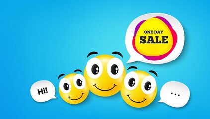 One day sale banner. Smile face with speech bubble. Discount sticker shape. Coupon bubble icon. Smile face character. Day sale speech bubble icon. Chat background. Vector