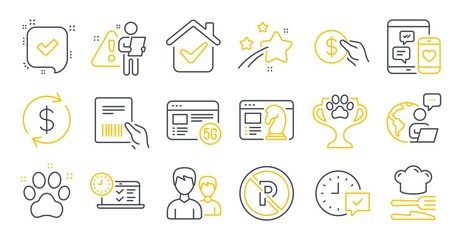 Fototapeta premium Set of Business icons, such as Food, Seo strategy, Social media symbols. Couple, Usd exchange, Payment signs. Parcel invoice, 5g internet, Pet friendly. Confirmed, Winner cup, Select alarm. Vector