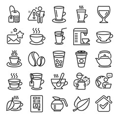 Coffee and Tea line icons. Set of Cappuccino, Juice with ice and Latte coffee cup icons. Teapot, Coffeepot and Hot drink with Steam. Mint leaf tea, Herbal beverage and Vending. Hot latte cup. Vector