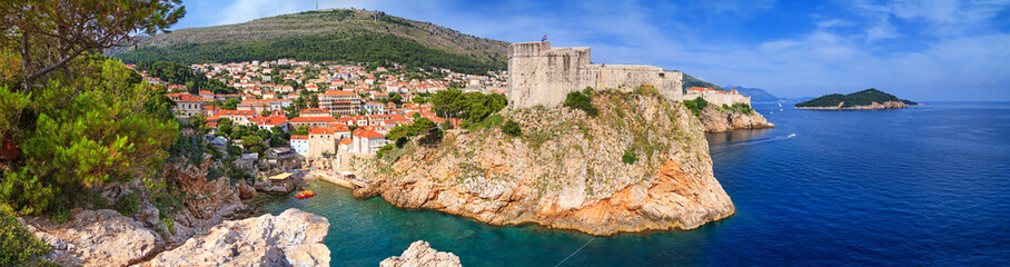 View of the Fort Lovrijenac or St. Lawrence Fortress and the Old Town of Dubrovnik on the Adriatic coast of Croatia, banner, panorama