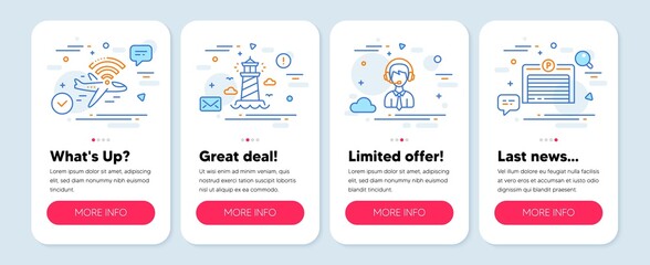 Set of Transportation icons, such as Airplane wifi, Lighthouse, Shipping support symbols. Mobile app mockup banners. Parking garage line icons. Wi-fi internet, Beacon tower, Delivery manager. Vector