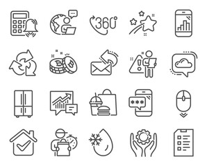 Fototapeta premium Technology icons set. Included icon as Share mail, Cloud communication, Calculator alarm signs. Bitcoin, Accounting, Graph phone symbols. 360 degree, Checklist, Phone password. Scroll down. Vector