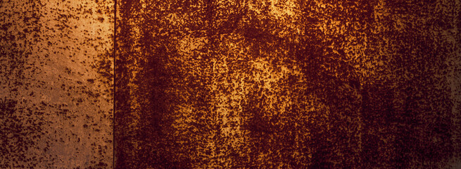 Empty rusty corrosion and oxidized background, horizontal banner. Grunge rusted metal texture. Worn...